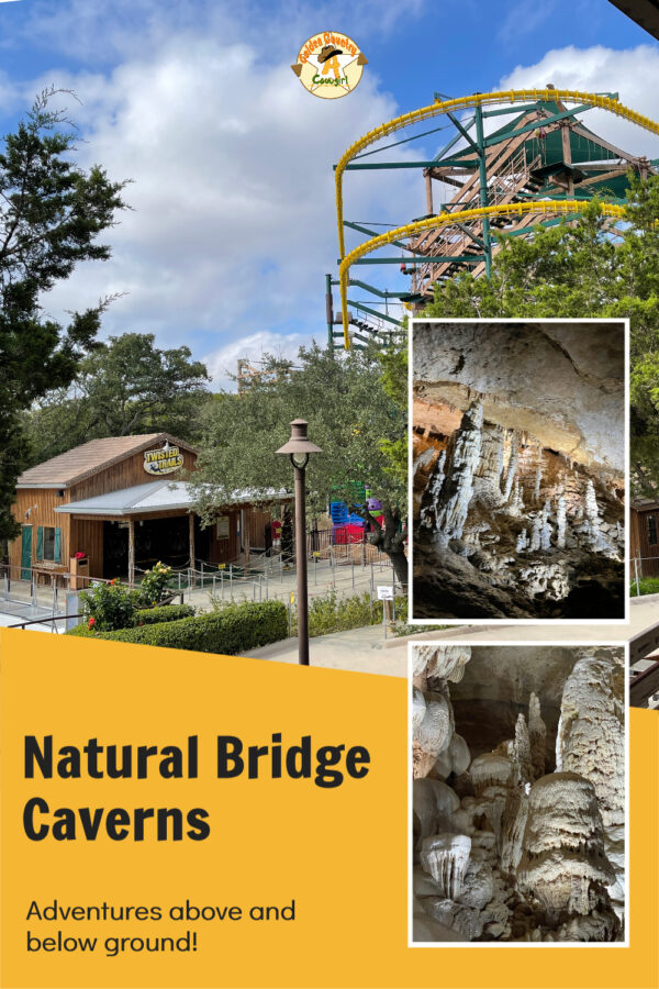 outdoor zipline photo and two cavern photos with text overlay: Natural Bridge Caverns Adventures above and below ground!
