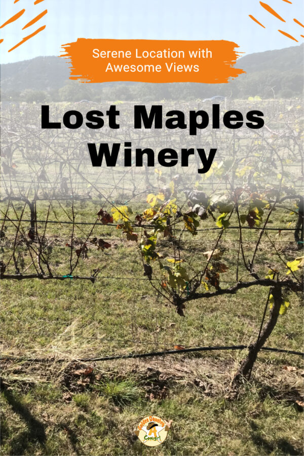 grapevies with text overlay: Serene Location with Awesome Views Lost Maples Winery
