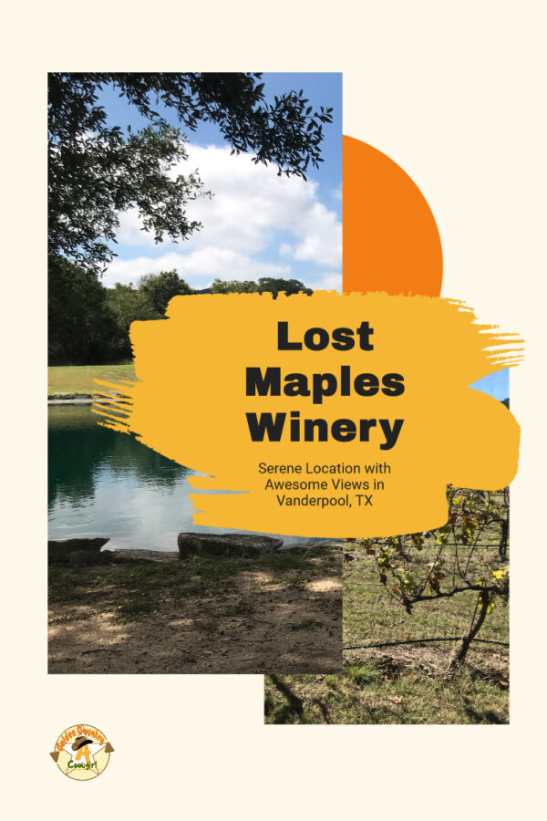 grapevines and pond with text overlay: Lost Maples Winery Serene Location with Awesome Views in Vanderpool, TX