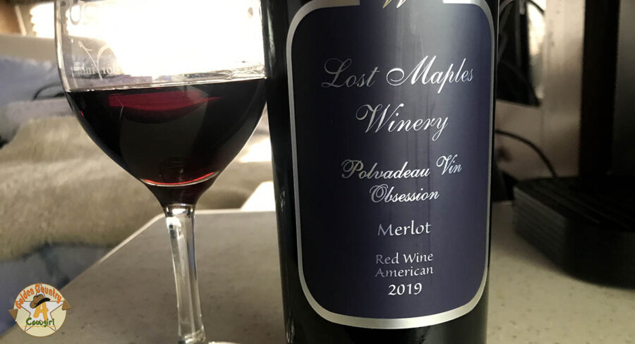 glass of wine and a bottle of Lost Maples Winery Merlot