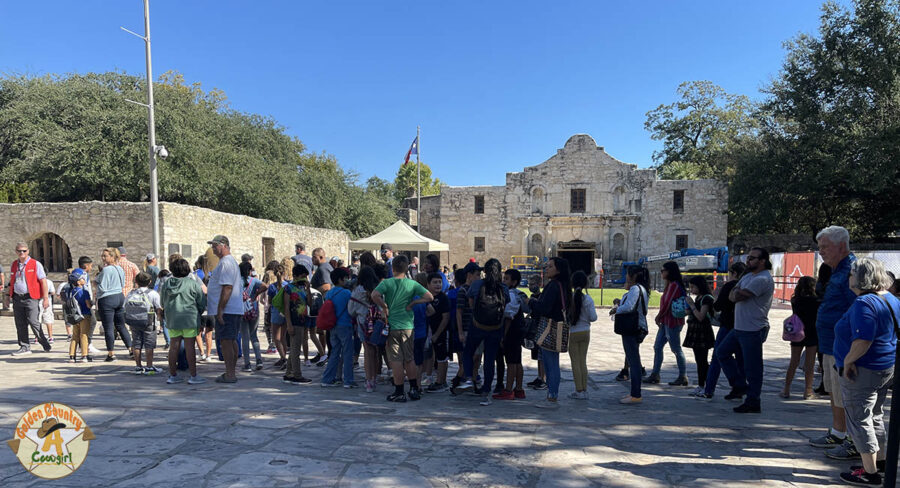 Visitors in line for next timed entry at the Alamo