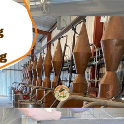 copper pot stills with text overlay: Educational and informative tour Dripping Springs Distilling