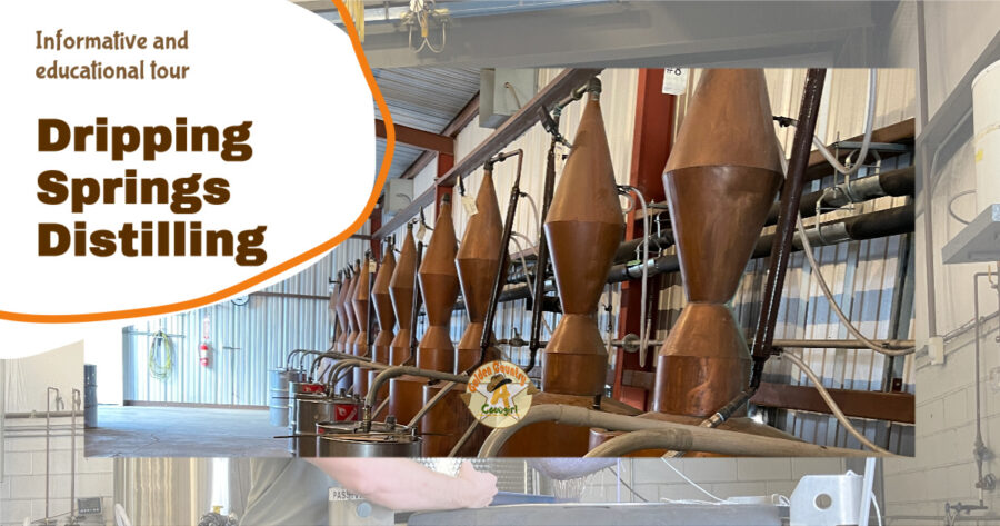 copper pot stills with text overlay: Informative and educational tour Dripping Springs Distilling