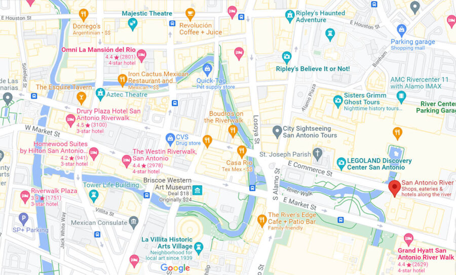 Google map of the San Antonio Riverwalk Downtown Reach