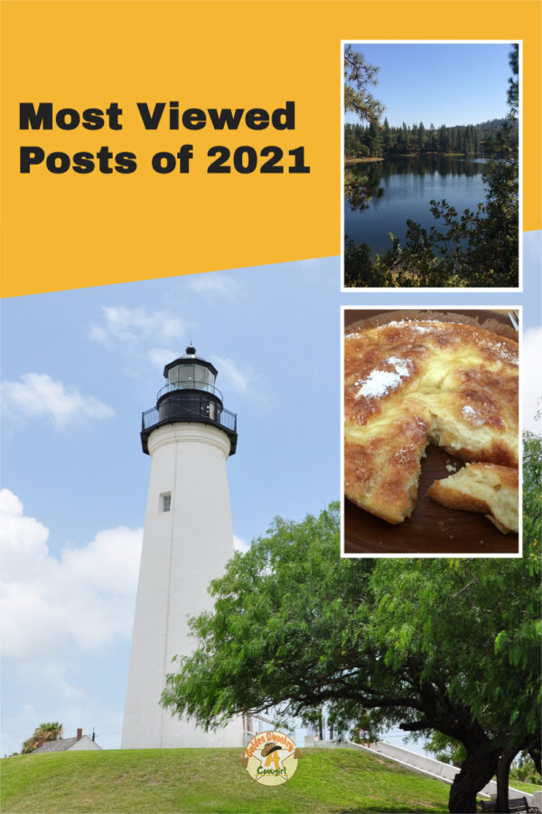 large photo of Port Isabel Lighthouse with smaller photos of a lake in Amador County and a Dutch baby pancake with text overlay: Most Viewed Posts of 2021