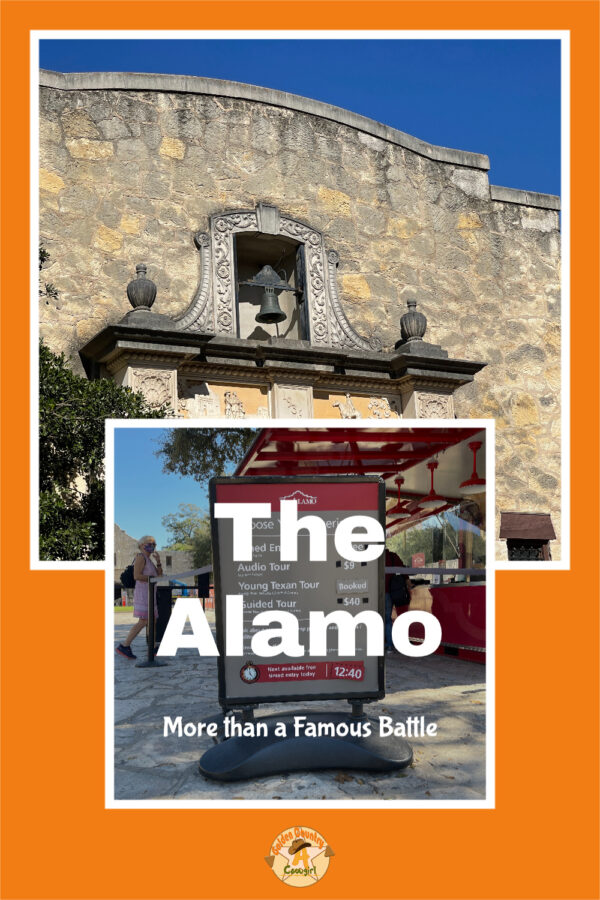 Gift shop facade and tour prices with text overlay: The Alamo More than a Famous Battle