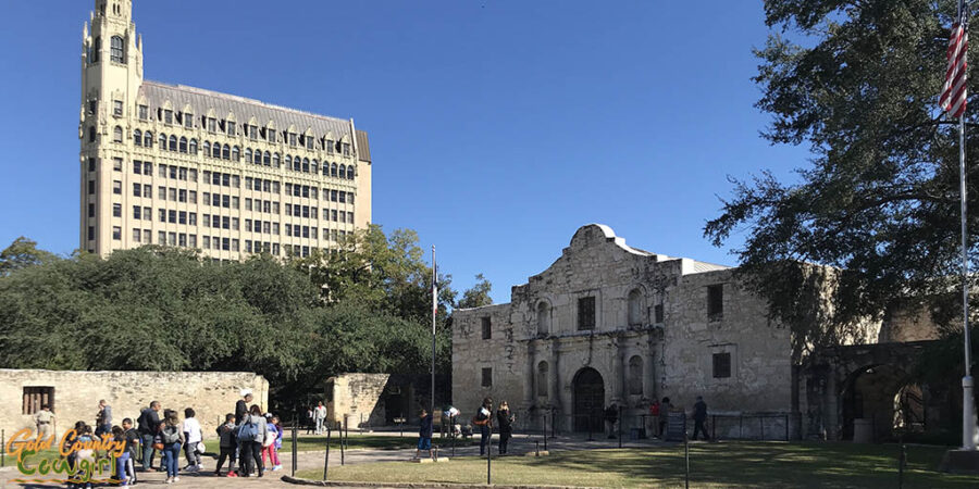 The Alamo with Emily Morgan Hotel in downtown San Antonio