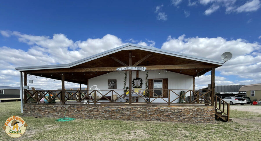 front of Alpaquita Ranch, alpaca ranch in the Rio Grande Valley