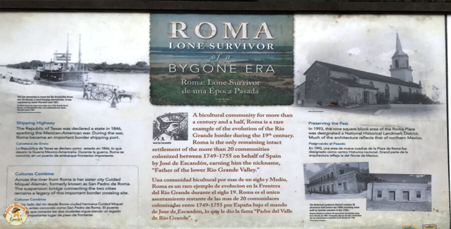 Roma history sign at Roma Bluffs World Birding Center location