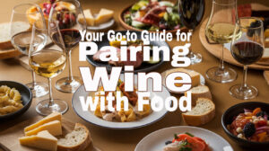 A wine and food pairing spread with text that says "Your Go-to Guide for Pairing Wine with Food"