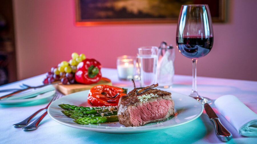 An attractive table set with a steak dinner and a glass of red wine