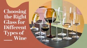 A group of different sizes and styles of wine glasses with a text overlay "Choosing the Right Glass for Different Types of Wine"