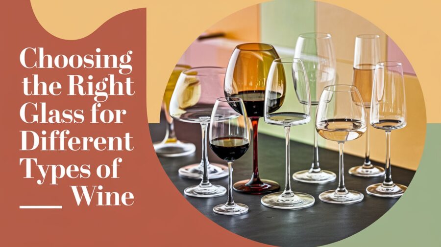 A group of different sizes and styles of wine glasses with a text overlay "Choosing the Right Glass for Different Types of Wine"