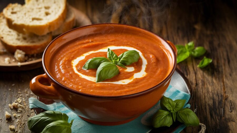 a bowl of tomato basil soup and crusty bread