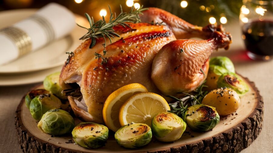 a Cornish hen surrounded by Brussels sprouts