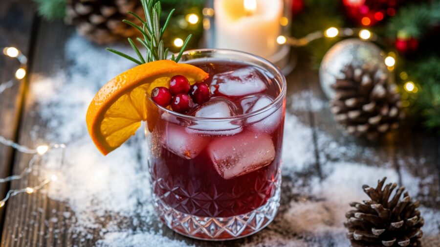 A sparkling holiday cranberry orange cocktail garnished with an orange slice, rosemary and cranberries