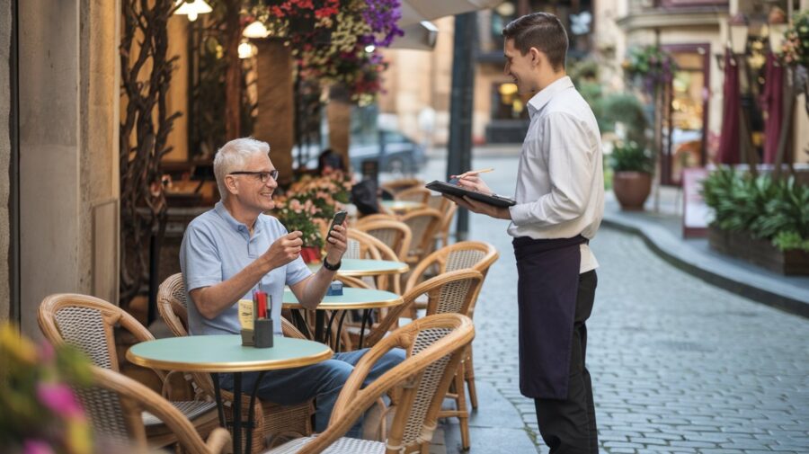 an older man sitting at a cafe table talking to a waiter