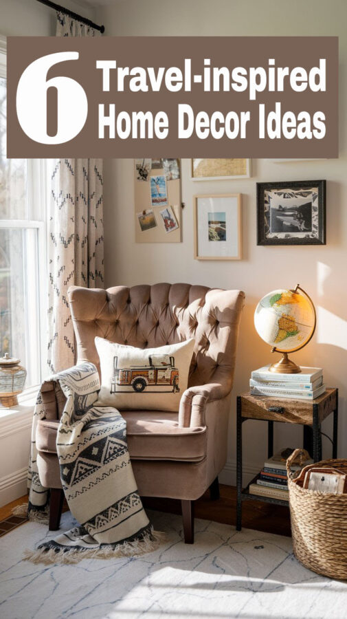 A cozy reading or relaxation nook where you can plan your next adventure. Text overlay says 6 Travel-inspired Home Decor Ideas