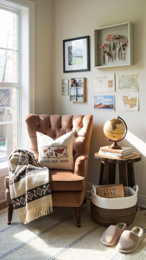 A small nook by a sunny window, anchored by a plush, tufted armchair in a rich, neutral tone. A soft throw blanket in a tribal pattern drapes over the armrest, while a decorative travel pillow sits in the chair. A globe lamp on a rustic wooden side table casts a warm glow, illuminating a stack of travel books and a framed photo from a recent trip. Above the chair, a small gallery wall features a mix of postcards, vintage maps, and a shadow box with pressed flowers from a memorable hike. A woven basket nearby holds extra books and a pair of cozy slippers, making the nook the ultimate travel-inspired retreat.