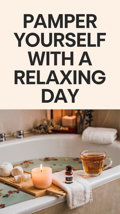 A serene bathroom setting with a lit candle, a bathtub filled with warm water and essential oils, soft towels, and a glass of tea on the side. Text says Pamper Yourself with a Relaxing Day