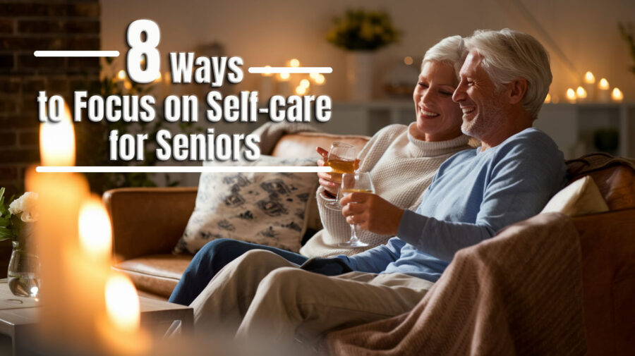 A senior couple enjoying a self-care moment. The focus is on the joy of spending quality time together and the concept of self-care and relaxation.