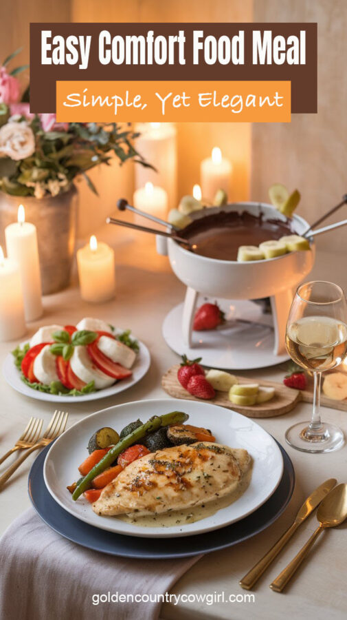 This menu offers a balance of comforting flavors, a touch of elegance, and easy preparation, making it perfect for a romantic Valentine’s meal without a lot of effort. Text says Easy Comfort Food Meal Simple, Yet Elegant