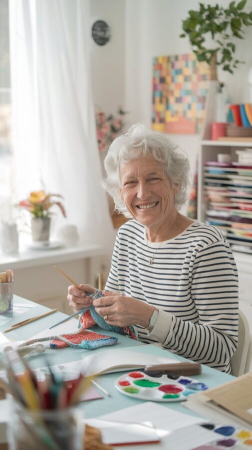 A senior woman sitting at a crafting table. Mental well-being is just as important as physical health, and self-care for seniors often involves activities that stimulate the mind.