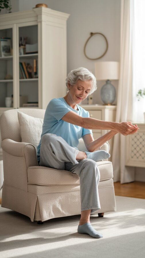 A woman doing chair yoga. Physical activity is a key part of self-care for seniors.