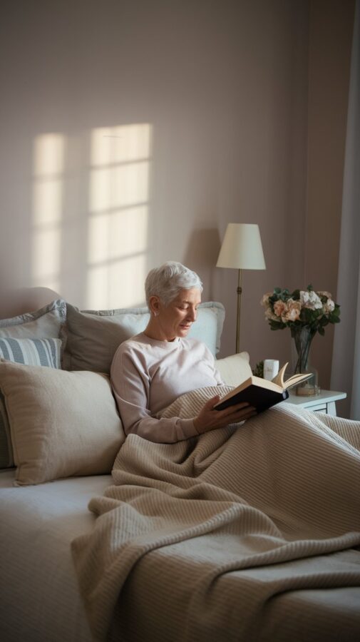 A woman is reading in bed. Sometimes, the best form of self-care for seniors is simply allowing yourself to rest.