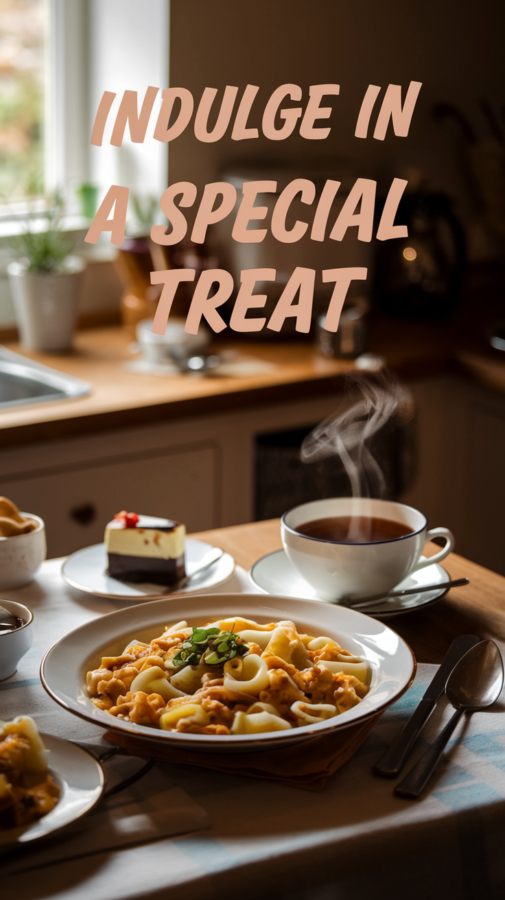 A cozy kitchen with a dish of pasta and a piece of cake on the table. Text says indulge in a special treat. 