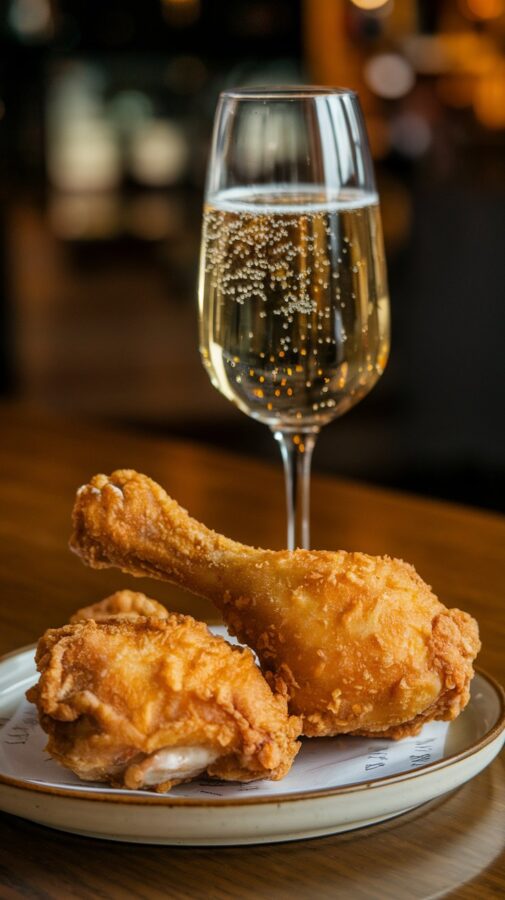 Fried chicken, a popular Souther comfort food, paired with sparkling wine