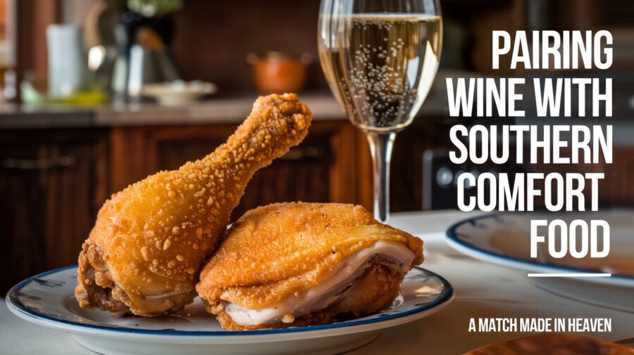 Fried chicken next to a glass of sparkling wine. Text overlay says Pairing Wine with Southern Comfort Food