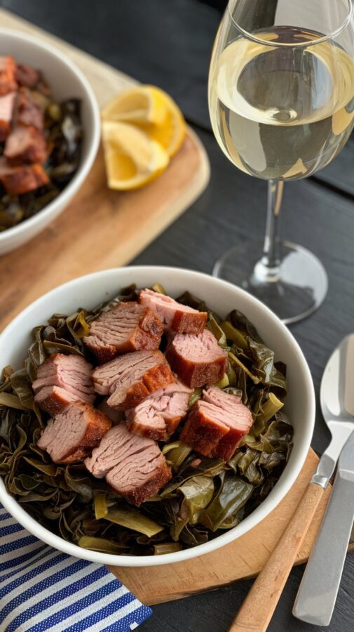 Collard greens and smoked pork paired with Pinot Grigio