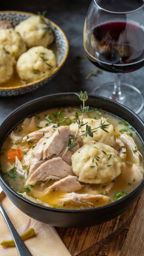 Chicken and dumplings paired with Pinot Noir