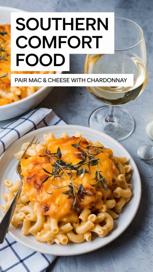 Mac & cheese, a delicious Southern comfort food, paired with a buttery Chardonnay