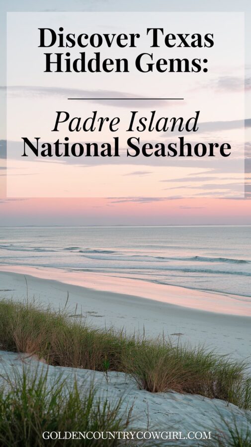 Serene beauty of Padre Island National Seashore in Texas, where pristine beaches meet the Gulf of Mexico. Text overlay says Discover Texas Hidden Gems: Padre Island National Seashore.