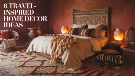 A Moroccoan inspired bedroom with text that says 6 Travel-inspired Home Decor Ideas.