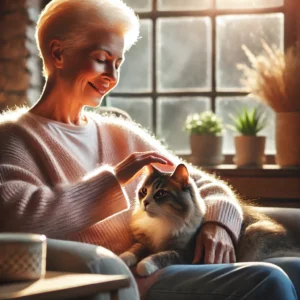 A senior woman sitting with her cat illustrating how pets can reduce stress for humans