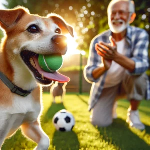 A senior man playing fetch with his dog illustrating how pets can keep humans active