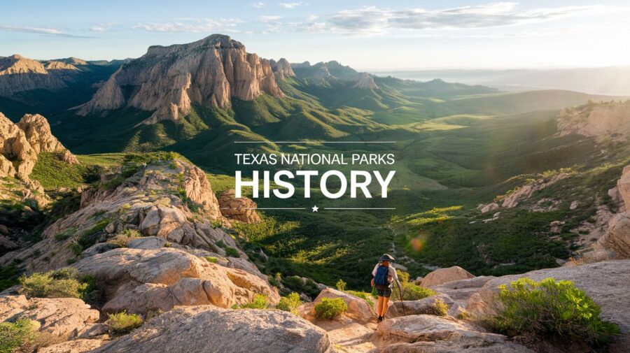 Scenic view of Big Bend National Park in Texas at sunset, highlighting the natural beauty of the Texas wilderness. Text overlay says Texas National Parks History.