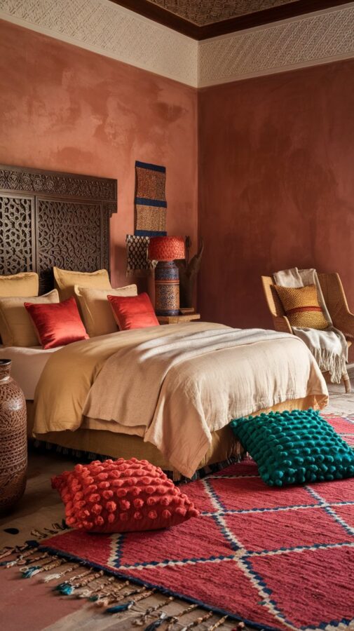 A bedroom inspired by Morocco, with walls painted a deep, warm terracotta. A carved wooden headboard serves as the room’s focal point, paired with soft linen bedding in cream and gold. A colorful, handwoven rug brings vibrancy underfoot, while a collection of textured throw pillows in jewel tones—ruby, sapphire, and emerald—adds layers of interest. Nearby, a wicker chair with a fringed throw sits beside a ceramic lamp in a geometric Moroccan pattern. The textures and colors make the room feel like a retreat in the heart of Marrakech, perfect for daydreaming about your next adventure.