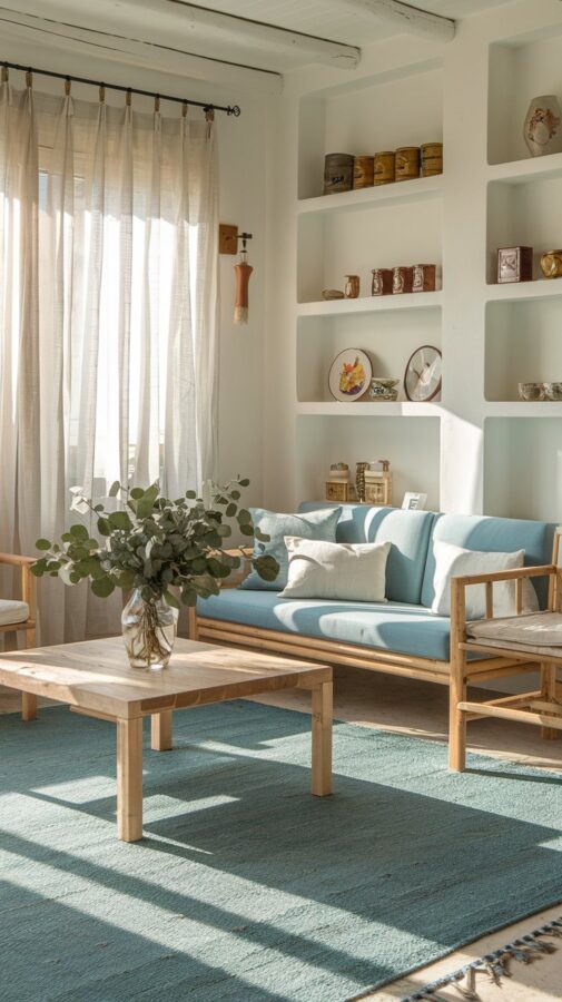 A cozy living room inspired by the Greek Isles, with walls painted in a crisp white reminiscent of Cycladic architecture. A large woven rug in shades of blue and white anchors the space, while natural wood furniture adds warmth. Floating shelves display small souvenirs—like olive oil tins and hand-painted ceramics—collected from your travels. Sheer curtains allow sunlight to stream in, and a vase of fresh eucalyptus on the coffee table completes the relaxed, coastal vibe.