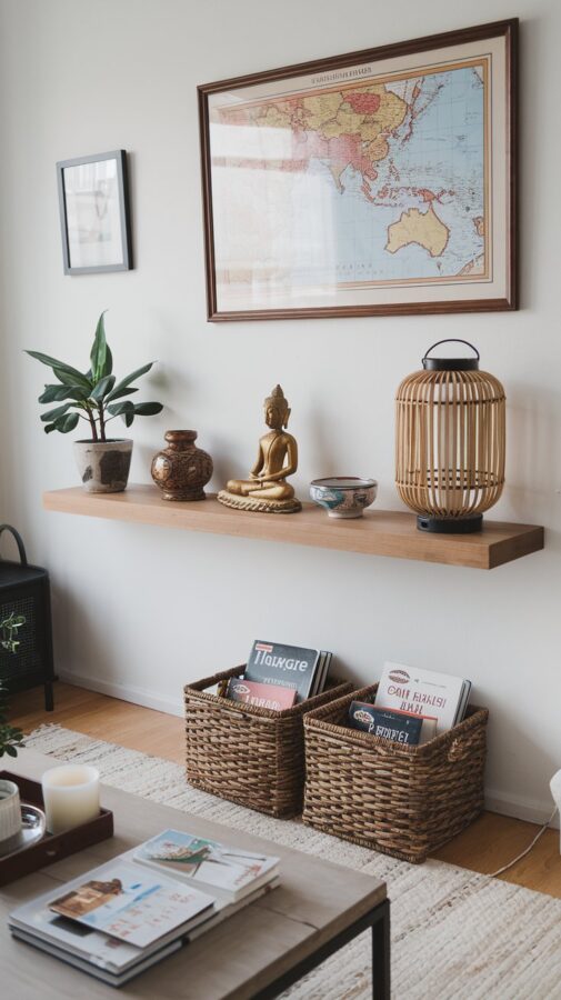 A cozy living room corner with a floating shelf that showcases treasures from Southeast Asia—a small Buddha statue from Thailand, a hand-painted ceramic bowl from Vietnam, and a bamboo lantern from Bali. Below the shelf, a woven basket holds travel guidebooks, while a framed vintage map of the region hangs above the collection. A nearby coffee table features a tray with postcards and a candle that evokes the scents of the tropics, like lemongrass or coconut. Together, the arrangement feels curated and meaningful, transforming the space into a reflection of your travel memories.