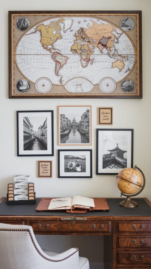 A study decorated with a large, vintage-style map of the world framed and mounted above a desk. The desk itself holds a small antique globe and a leather-bound journal for travel planning. On one wall, a gallery display features framed black-and-white photos of Paris, Venice, and Tokyo, interspersed with small plaques of inspirational travel quotes. A set of map-themed coasters rests on a side table next to a cozy chair, inviting you to sit and dream of your next adventure.