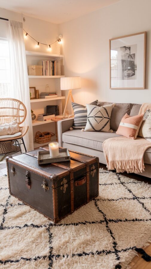 A living room transformed into a cozy retreat with a soft Moroccan-patterned rug anchoring the space. A vintage leather trunk sits in the center as a coffee table, topped with a tray holding a candle scented like Mediterranean citrus. The sofa is adorned with throw pillows in tribal and map patterns, paired with a soft, fringed blanket. Nearby, a wicker chair sits under a lamp draped with string lights for warm, inviting illumination. On a side shelf, a stack of travel books and guidebooks sits next to a diffuser filling the room with the calming scent of lavender. The entire space feels like a comforting yet adventurous escape, perfect for relaxing or planning your next trip.