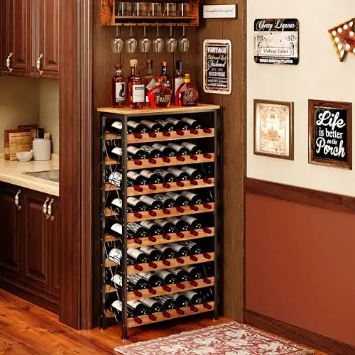 48 Bottle, 8-tier Wine Rack with Wood Top, Wine Storage for Kitchen Pantry