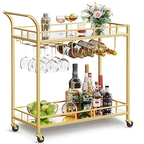 Wine Cart with 2 Mirrored Shelves, Wine Holders, Glass Holders