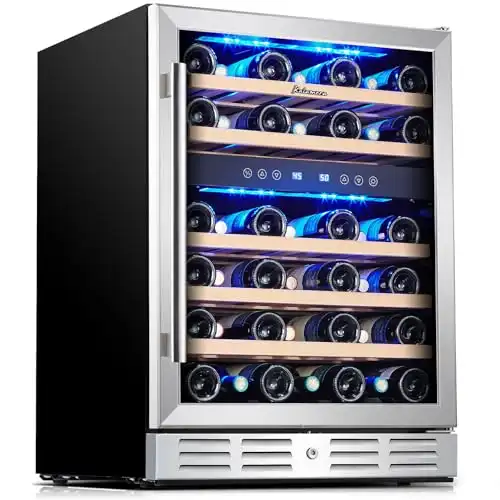 24 inch Wine Cooler, 46 Bottle - Dual Zone Built-in or Freestanding Fridge