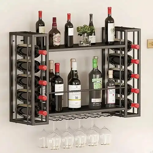 Stylish Wall Mount Wine Rack, Metal Shelves with Glass Holder