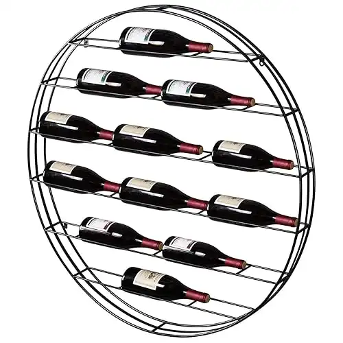 12 Bottle Modern Black Metal Round Wall Mounted Wine Display Rack